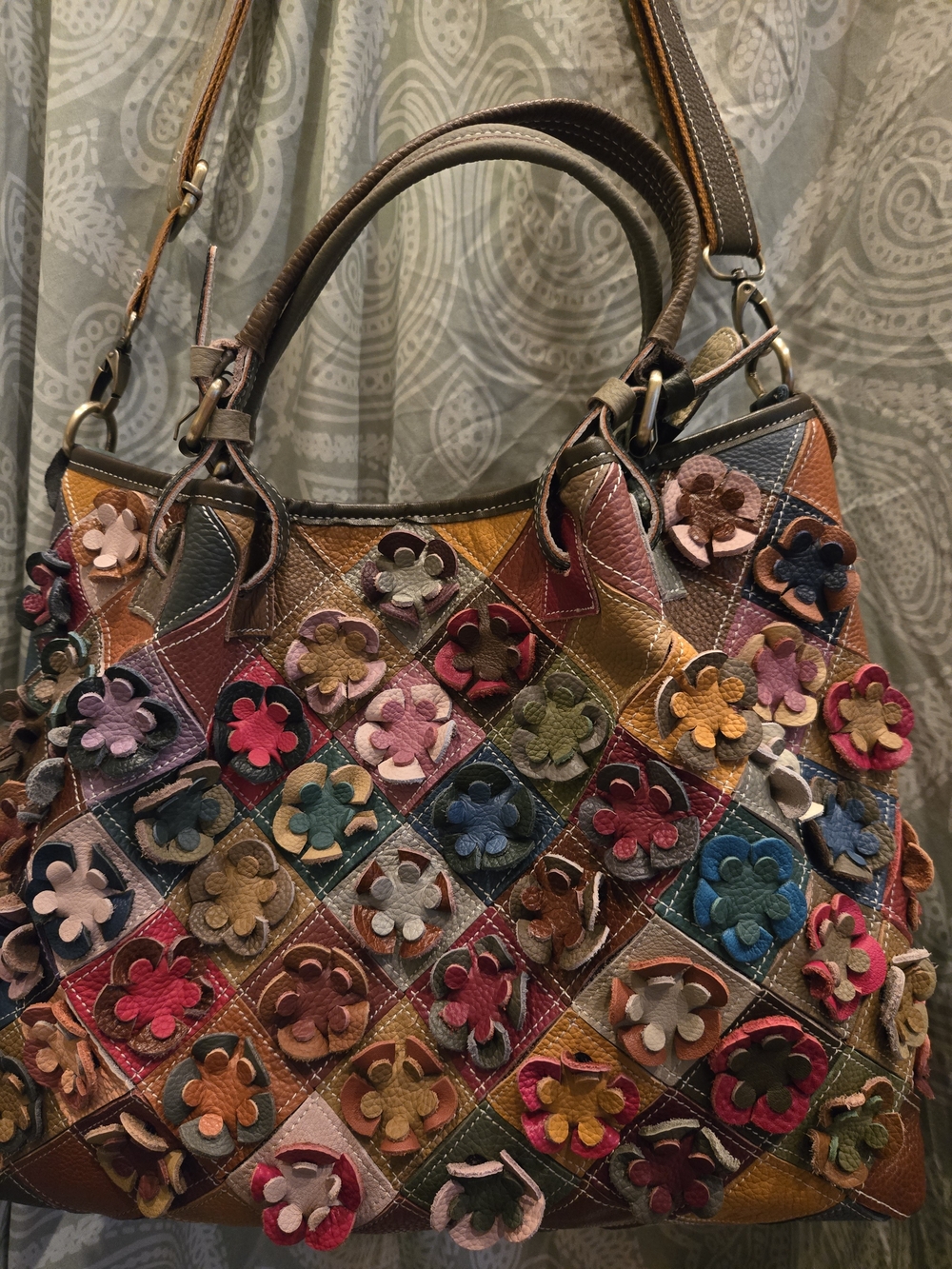 Chaos By Elsie. Large Multicolor Floral Patchwork Leather Tote Satchel Bag EUC💖